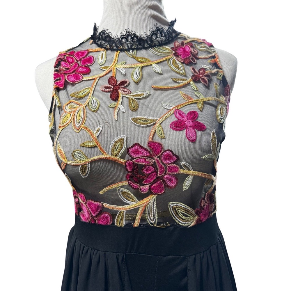 Floral Embroidered Mesh Romper Maxi Dress Black Sheer Overlay XXL Sleeveless